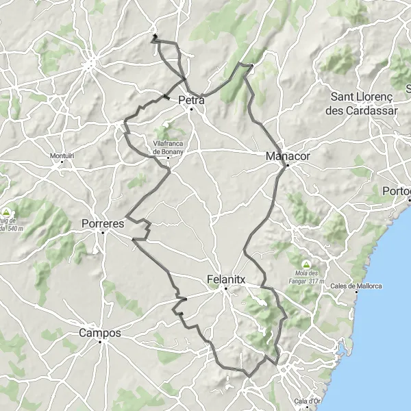 Miniatura della mappa di ispirazione al ciclismo "Giro in bicicletta tra Maria de la Salut e Calonge" nella regione di Illes Balears, Spain. Generata da Tarmacs.app, pianificatore di rotte ciclistiche