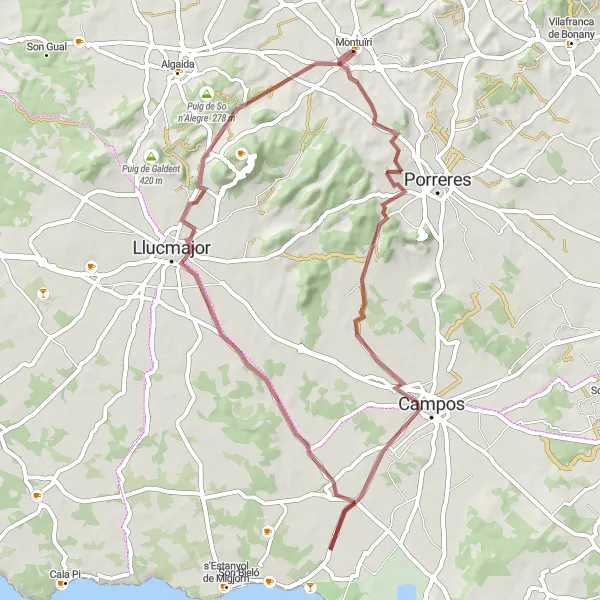 Miniatua del mapa de inspiración ciclista "Ruta a puig d'en Femella y Campos" en Illes Balears, Spain. Generado por Tarmacs.app planificador de rutas ciclistas