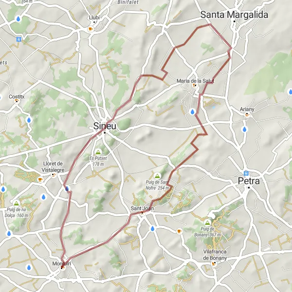 Miniatua del mapa de inspiración ciclista "Ruta ciclista de gravel Montuïri - Sineu - Puig de Defla - Maria de la Salut - Puig de sa Corbereta - Sant Joan - Montuïri" en Illes Balears, Spain. Generado por Tarmacs.app planificador de rutas ciclistas