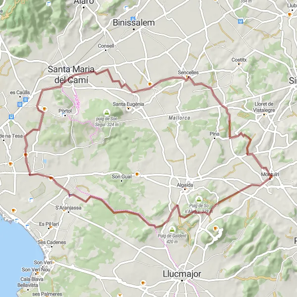 Miniatua del mapa de inspiración ciclista "Ruta ciclista de gravel Montuïri - Puig d'en Bord - Puig de Galdent - Sant Jordi - Santa Maria del Camí - Sencelles - Puig de na Dolça - Montuïri" en Illes Balears, Spain. Generado por Tarmacs.app planificador de rutas ciclistas