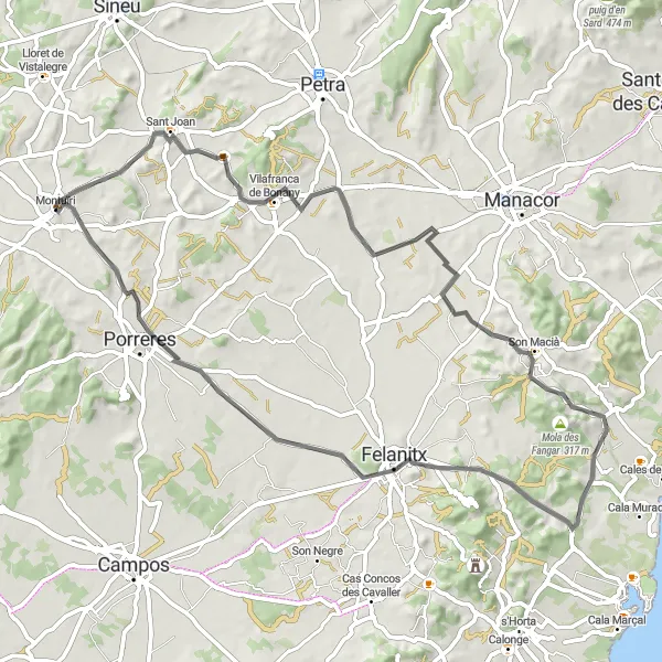 Miniatura della mappa di ispirazione al ciclismo "Giro panoramico tra Montuïri e Felanitx" nella regione di Illes Balears, Spain. Generata da Tarmacs.app, pianificatore di rotte ciclistiche