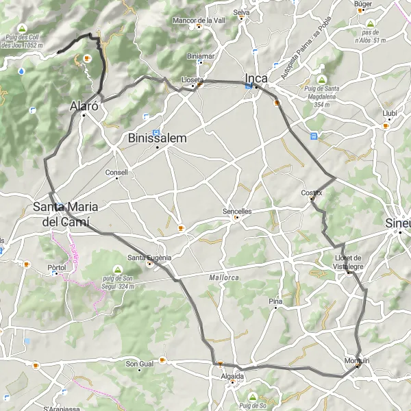 Miniatua del mapa de inspiración ciclista "Ruta ciclista de carretera Montuïri - Santa Eugènia - Alaró - Coll d'Orient - Lloseta - Lloret de Vistalegre - Montuïri" en Illes Balears, Spain. Generado por Tarmacs.app planificador de rutas ciclistas