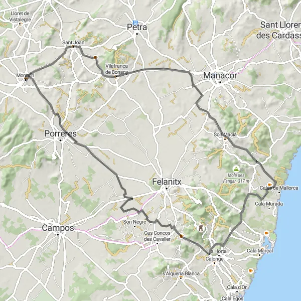 Miniatua del mapa de inspiración ciclista "Ruta ciclista de carretera Montuïri - Sant Joan - Son Macià - Cales de Mallorca - Puig de sa Talaia - Montuïri" en Illes Balears, Spain. Generado por Tarmacs.app planificador de rutas ciclistas