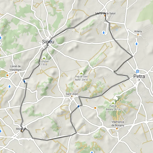 Miniatura della mappa di ispirazione al ciclismo "Cicloturismo tra Montuïri e Sineu" nella regione di Illes Balears, Spain. Generata da Tarmacs.app, pianificatore di rotte ciclistiche