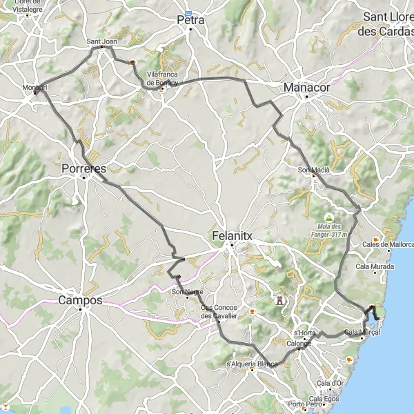 Miniatua del mapa de inspiración ciclista "Ruta a Vilafranca de Bonany y Cala Marçal" en Illes Balears, Spain. Generado por Tarmacs.app planificador de rutas ciclistas