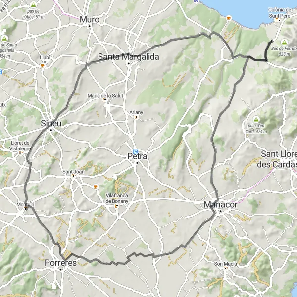 Map miniature of "Lloret de Vistalegre Puig de Defla Loop" cycling inspiration in Illes Balears, Spain. Generated by Tarmacs.app cycling route planner