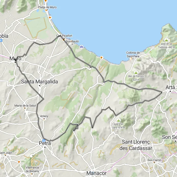 Map miniature of "Muro - Can Picafort - Morell - Puig des Pou Colomer - Puig de Son Sureda - Petra - Muro" cycling inspiration in Illes Balears, Spain. Generated by Tarmacs.app cycling route planner