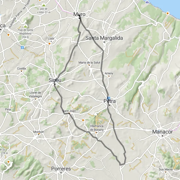 Miniatua del mapa de inspiración ciclista "Excitante recorrido en bicicleta de 58 km por Muro y sus alrededores" en Illes Balears, Spain. Generado por Tarmacs.app planificador de rutas ciclistas