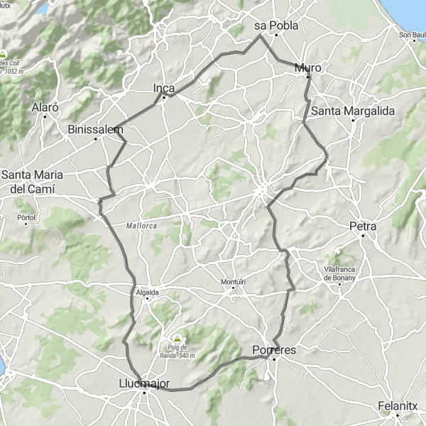Map miniature of "Muro - Maria de la Salut - Puig de Defla - Porreres - Llucmajor - Puig de Galdent - Biniali - Búger - pas de n'Alòs - Muro" cycling inspiration in Illes Balears, Spain. Generated by Tarmacs.app cycling route planner