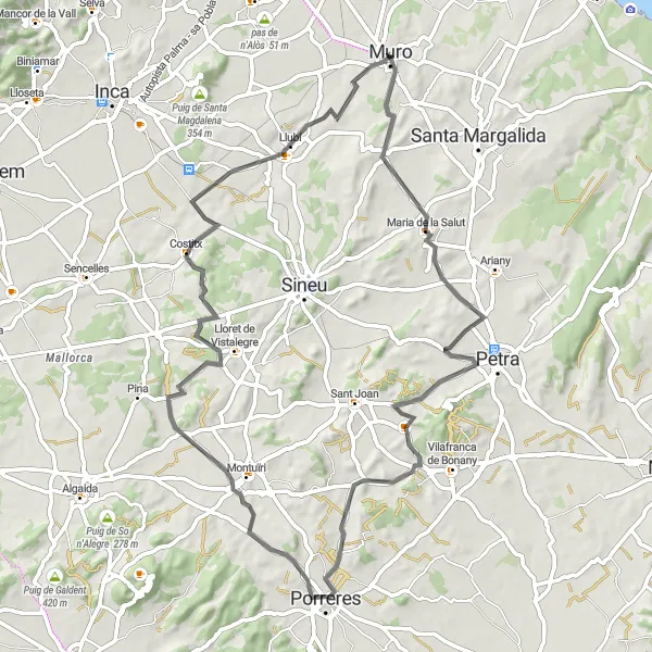 Miniatura mapy "Szosowy wypad do Muro" - trasy rowerowej w Illes Balears, Spain. Wygenerowane przez planer tras rowerowych Tarmacs.app