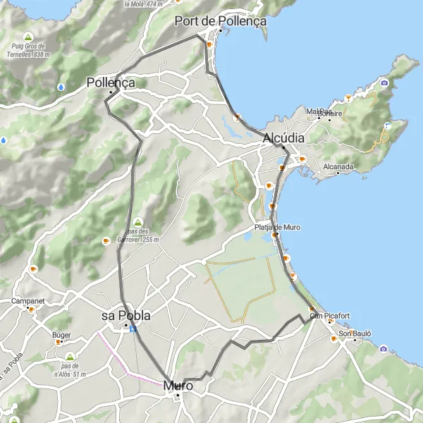 Miniatura della mappa di ispirazione al ciclismo "Il Giro di Muro e dintorni" nella regione di Illes Balears, Spain. Generata da Tarmacs.app, pianificatore di rotte ciclistiche