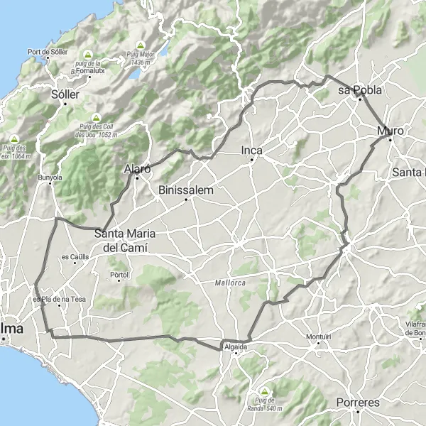 Miniatura della mappa di ispirazione al ciclismo "Giro in bici di Muro sulle strade" nella regione di Illes Balears, Spain. Generata da Tarmacs.app, pianificatore di rotte ciclistiche