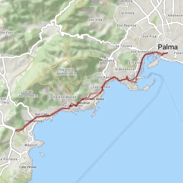 Map miniature of "Gravel Loop from Palma to Cala Major and Portals Nous" cycling inspiration in Illes Balears, Spain. Generated by Tarmacs.app cycling route planner