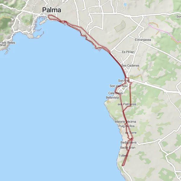 Map miniature of "Scenic Gravel Loop from Palma to Punta de s'Arenal" cycling inspiration in Illes Balears, Spain. Generated by Tarmacs.app cycling route planner