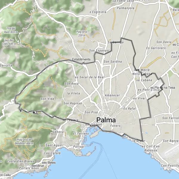 Miniatura della mappa di ispirazione al ciclismo "Itinerario ciclistico da Palma a Establiments" nella regione di Illes Balears, Spain. Generata da Tarmacs.app, pianificatore di rotte ciclistiche