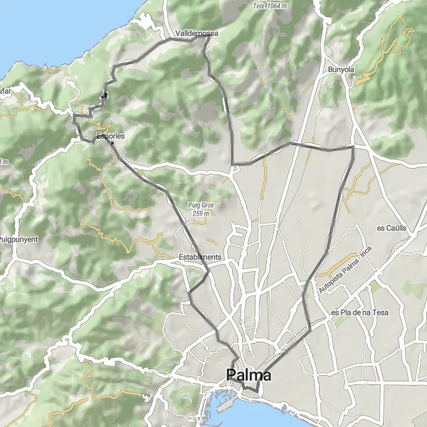 Miniatura della mappa di ispirazione al ciclismo "Giro in bicicletta tra Palma e Valldemossa" nella regione di Illes Balears, Spain. Generata da Tarmacs.app, pianificatore di rotte ciclistiche