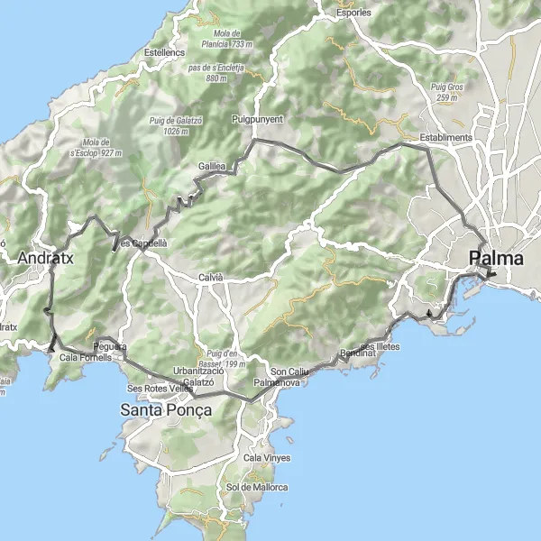 Miniatura della mappa di ispirazione al ciclismo "Giro in bicicletta da Palma a Puig de ses Gatoves" nella regione di Illes Balears, Spain. Generata da Tarmacs.app, pianificatore di rotte ciclistiche
