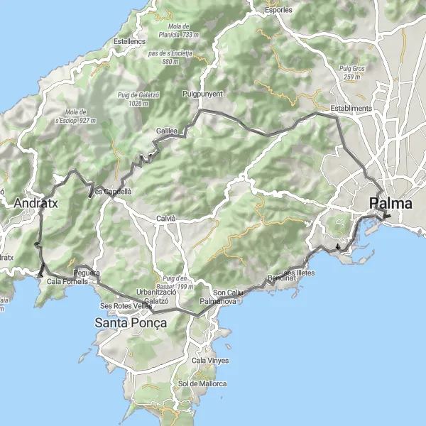 Miniaturní mapa "Cyklistická cesta do okolí Palma" inspirace pro cyklisty v oblasti Illes Balears, Spain. Vytvořeno pomocí plánovače tras Tarmacs.app