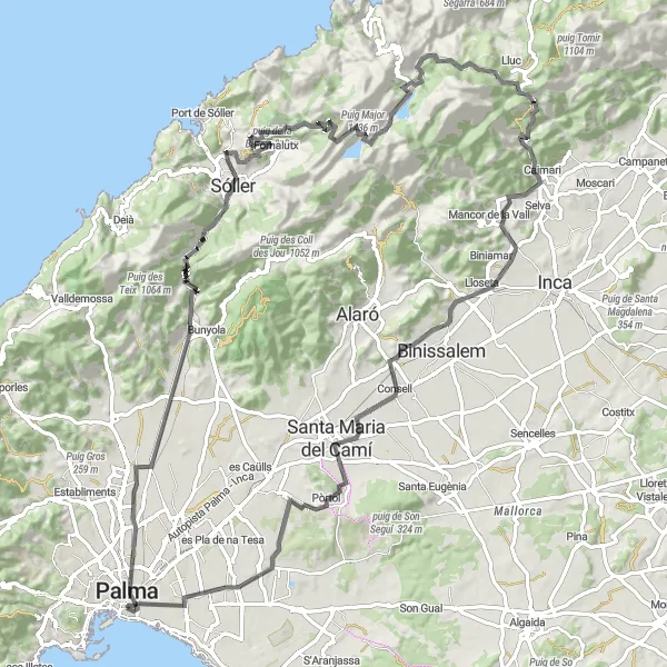 Miniaturní mapa "Okružní silniční cyklotrasa z Palmy" inspirace pro cyklisty v oblasti Illes Balears, Spain. Vytvořeno pomocí plánovače tras Tarmacs.app