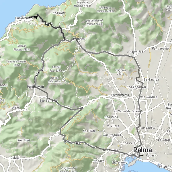 Miniaturekort af cykelinspirationen "Rundtur fra Palma på landevejscykel" i Illes Balears, Spain. Genereret af Tarmacs.app cykelruteplanlægger