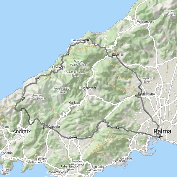 Map miniature of "Mallorca's Mountain Paradise" cycling inspiration in Illes Balears, Spain. Generated by Tarmacs.app cycling route planner