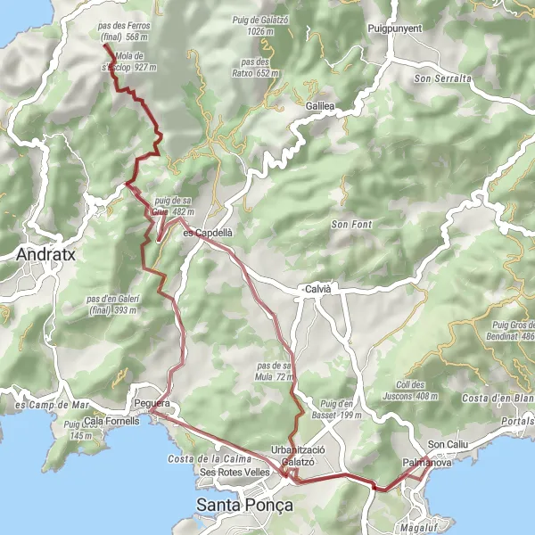 Miniaturní mapa "Cyklistická výzva s dobrodružnými prvky" inspirace pro cyklisty v oblasti Illes Balears, Spain. Vytvořeno pomocí plánovače tras Tarmacs.app