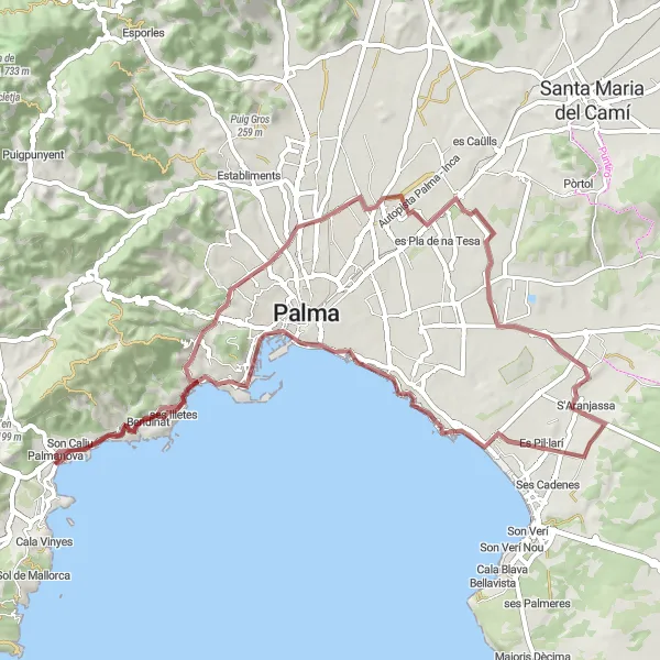 Miniaturní mapa "Gravelová cesta skrze malebné scenérie" inspirace pro cyklisty v oblasti Illes Balears, Spain. Vytvořeno pomocí plánovače tras Tarmacs.app