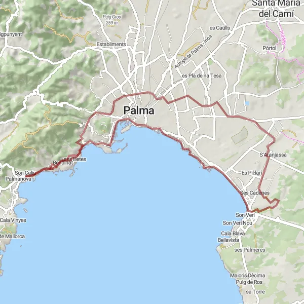 Miniatuurkaart van de fietsinspiratie "Gravel Fietsroute door natuur en stad" in Illes Balears, Spain. Gemaakt door de Tarmacs.app fietsrouteplanner