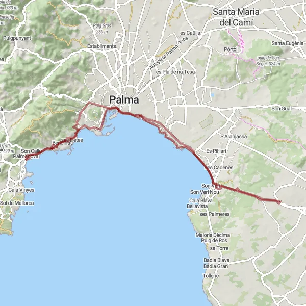 Karten-Miniaturansicht der Radinspiration "69 km Gravelabenteuer" in Illes Balears, Spain. Erstellt vom Tarmacs.app-Routenplaner für Radtouren