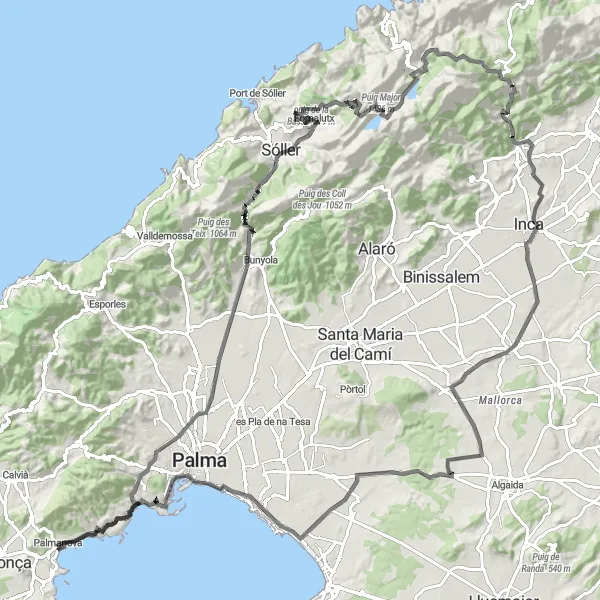 Miniature de la carte de l'inspiration cycliste "Majestic Tramuntana Challenge" dans la Illes Balears, Spain. Générée par le planificateur d'itinéraire cycliste Tarmacs.app