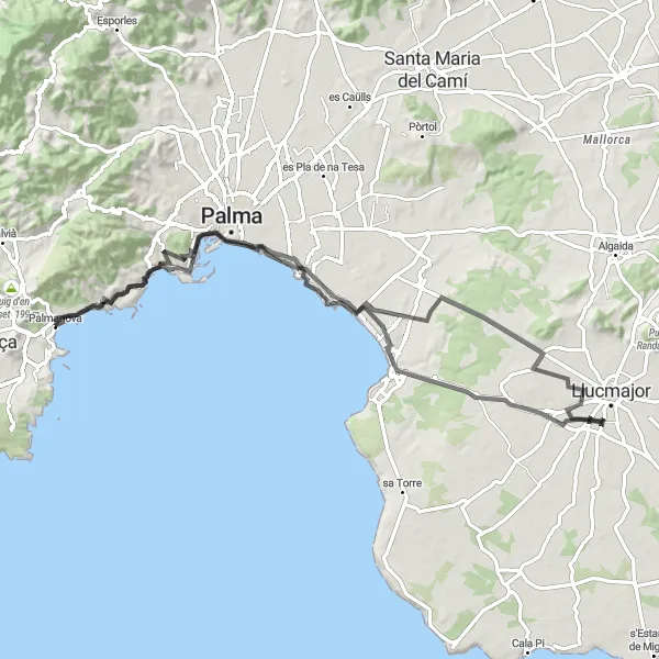 Map miniature of "Coastal Tour of Palmanova" cycling inspiration in Illes Balears, Spain. Generated by Tarmacs.app cycling route planner