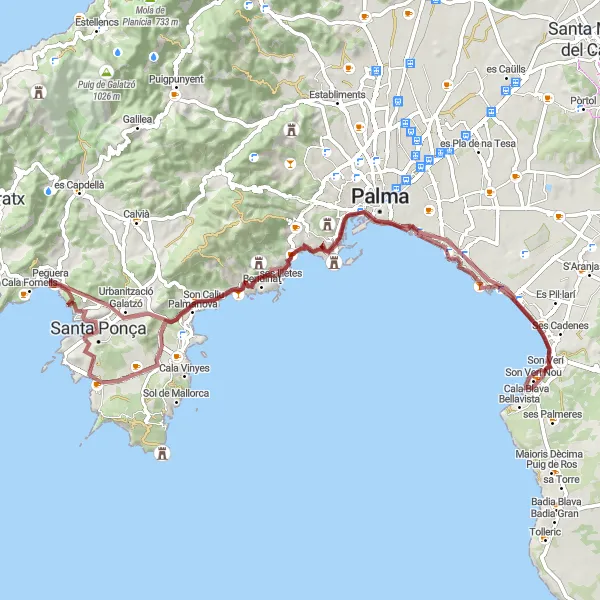 Miniaturní mapa "Gravelový okruh kolem pobřeží" inspirace pro cyklisty v oblasti Illes Balears, Spain. Vytvořeno pomocí plánovače tras Tarmacs.app