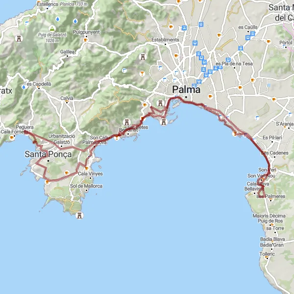 Miniatuurkaart van de fietsinspiratie "Gravel fietsroute door Peguera en omgeving" in Illes Balears, Spain. Gemaakt door de Tarmacs.app fietsrouteplanner