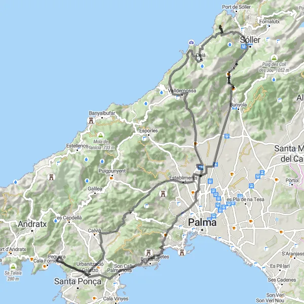 Miniature de la carte de l'inspiration cycliste "Défi routier dans les montagnes de Majorque" dans la Illes Balears, Spain. Générée par le planificateur d'itinéraire cycliste Tarmacs.app