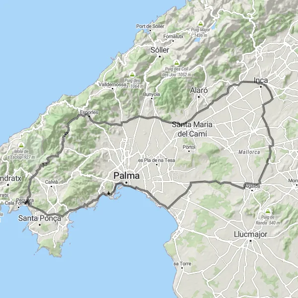 Map miniature of "Exploring the Central Mountains" cycling inspiration in Illes Balears, Spain. Generated by Tarmacs.app cycling route planner