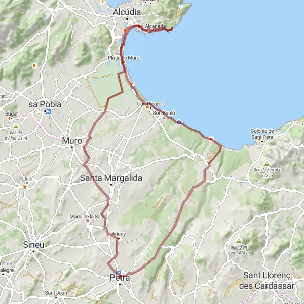 Karten-Miniaturansicht der Radinspiration "Graveltour von Petra nach Petra über Ariany und Can Picafort" in Illes Balears, Spain. Erstellt vom Tarmacs.app-Routenplaner für Radtouren