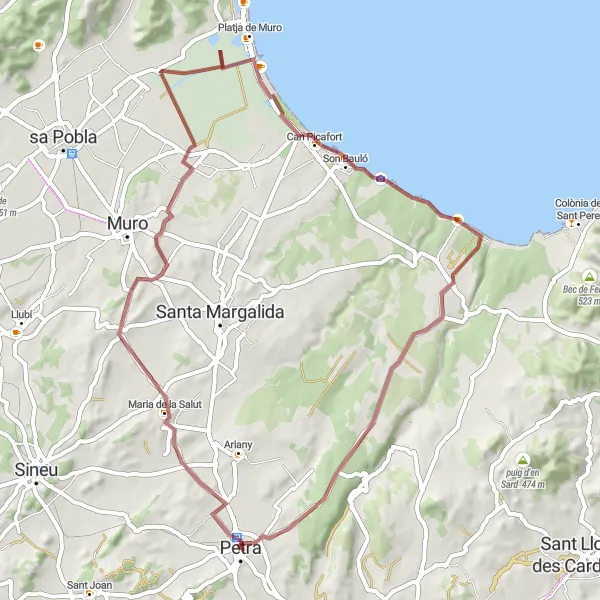 Karten-Miniaturansicht der Radinspiration "Graveltour von Petra nach Petra über Puig de sa Corbereta und Sa Roca" in Illes Balears, Spain. Erstellt vom Tarmacs.app-Routenplaner für Radtouren