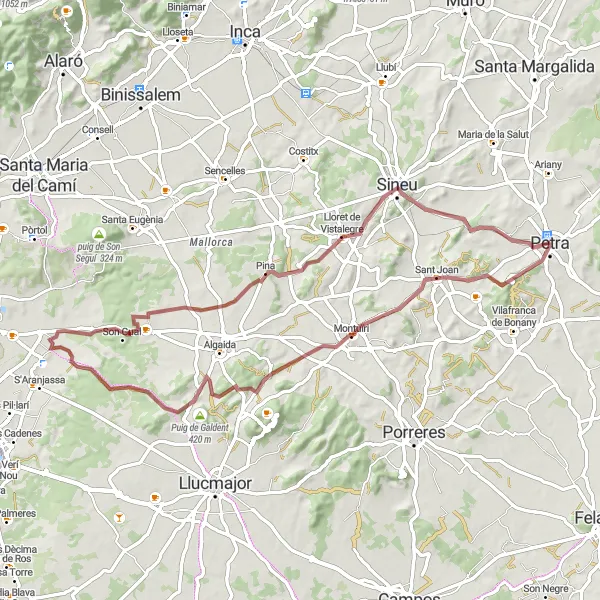 Karten-Miniaturansicht der Radinspiration "Graveltour von Petra nach Petra über Sant Joan und Pina" in Illes Balears, Spain. Erstellt vom Tarmacs.app-Routenplaner für Radtouren