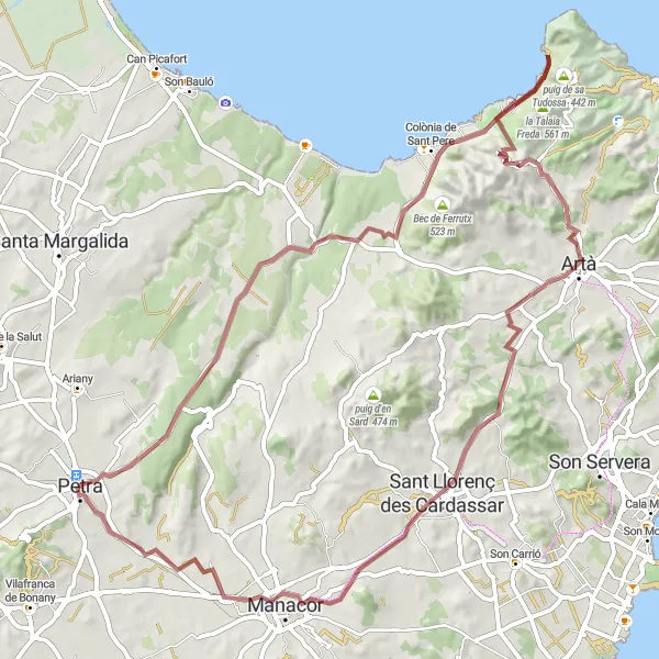 Miniatua del mapa de inspiración ciclista "Ruta circular por caminos de grava desde Petra" en Illes Balears, Spain. Generado por Tarmacs.app planificador de rutas ciclistas