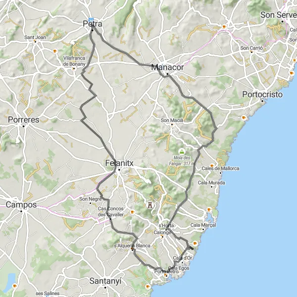 Karten-Miniaturansicht der Radinspiration "Rundfahrt von Petra nach Petra über Manacor und Felanitx" in Illes Balears, Spain. Erstellt vom Tarmacs.app-Routenplaner für Radtouren