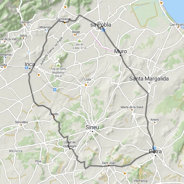 Miniatura mapy "Circular cycling route from Petra to Mirador de sa Creu" - trasy rowerowej w Illes Balears, Spain. Wygenerowane przez planer tras rowerowych Tarmacs.app