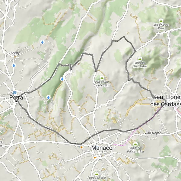 Miniature de la carte de l'inspiration cycliste "Exploration de Petra à Mallorca Balloons airport" dans la Illes Balears, Spain. Générée par le planificateur d'itinéraire cycliste Tarmacs.app
