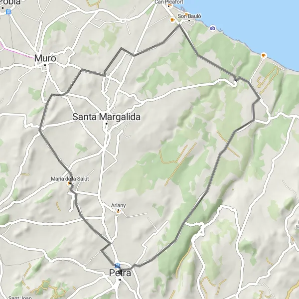 Miniaturní mapa "Road Trip to Maria de la Salut" inspirace pro cyklisty v oblasti Illes Balears, Spain. Vytvořeno pomocí plánovače tras Tarmacs.app