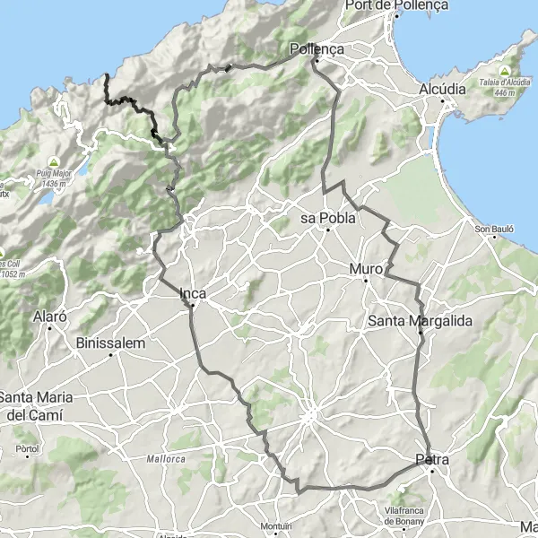 Map miniature of "Lloret de Vistalegre and Lluc Mountain Challenge" cycling inspiration in Illes Balears, Spain. Generated by Tarmacs.app cycling route planner