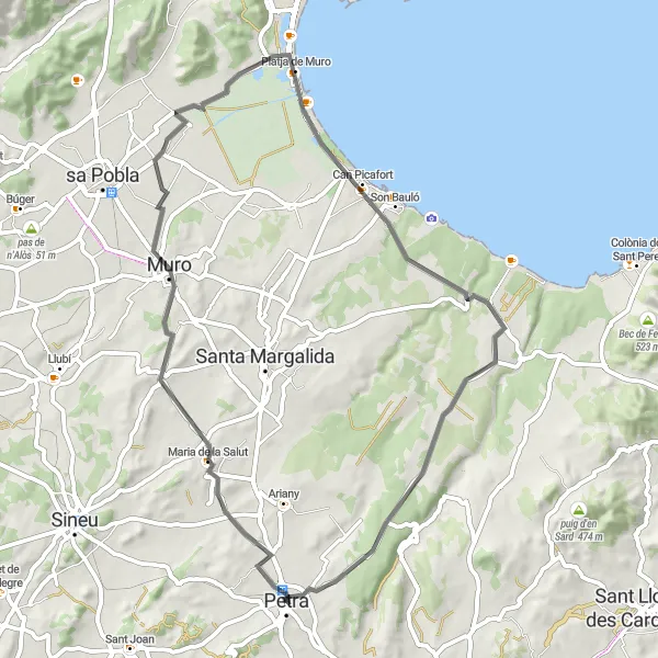 Miniatura della mappa di ispirazione al ciclismo "Giro su Strada da Petra a Can Picafort" nella regione di Illes Balears, Spain. Generata da Tarmacs.app, pianificatore di rotte ciclistiche