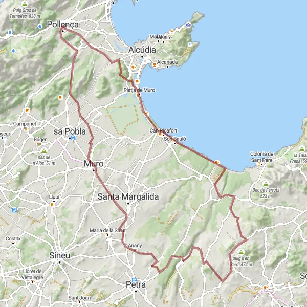 Map miniature of "Gravel route to Puig de Maria" cycling inspiration in Illes Balears, Spain. Generated by Tarmacs.app cycling route planner