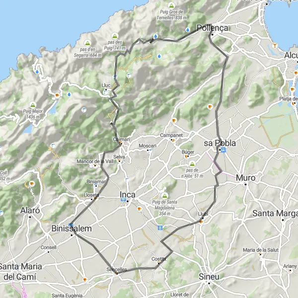 Miniatura della mappa di ispirazione al ciclismo "Avventura di 85 km in bicicletta da Pollença" nella regione di Illes Balears, Spain. Generata da Tarmacs.app, pianificatore di rotte ciclistiche