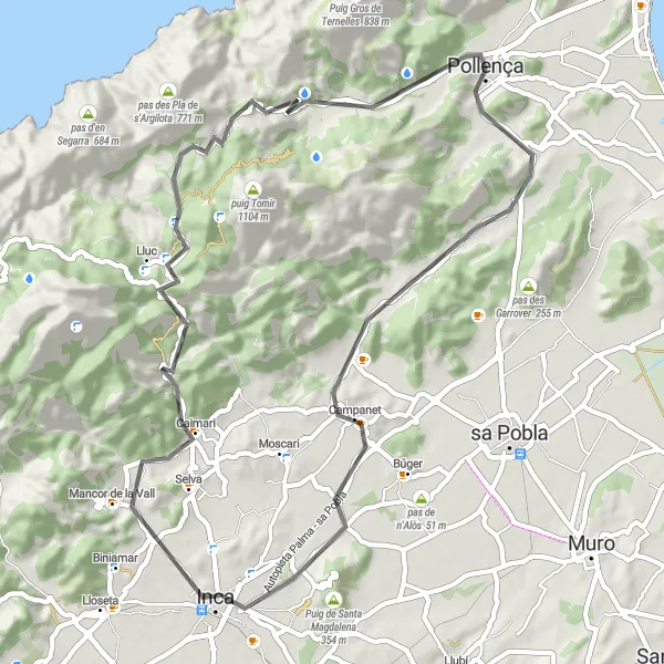 Miniatura della mappa di ispirazione al ciclismo "Avventura in bicicletta a Lluc con partenza da Pollença" nella regione di Illes Balears, Spain. Generata da Tarmacs.app, pianificatore di rotte ciclistiche