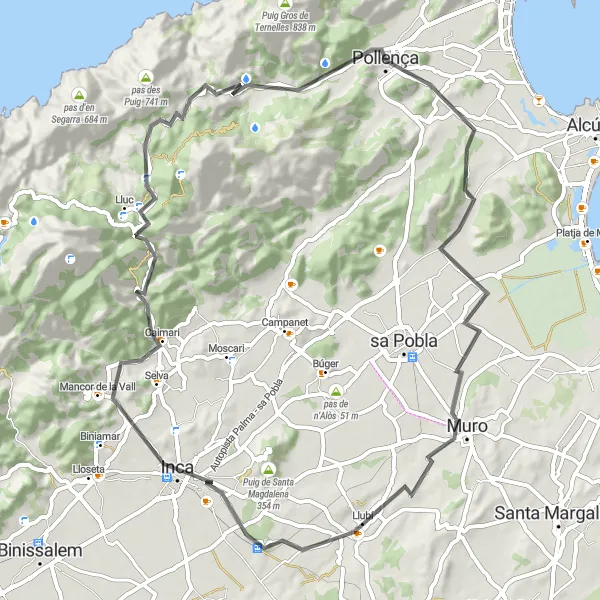 Miniature de la carte de l'inspiration cycliste "Parcours de vélo sur route Polença - Muro - Inca - Lluc" dans la Illes Balears, Spain. Générée par le planificateur d'itinéraire cycliste Tarmacs.app