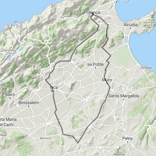 Miniatura della mappa di ispirazione al ciclismo "Tour ciclistico tra Pollença e Inca" nella regione di Illes Balears, Spain. Generata da Tarmacs.app, pianificatore di rotte ciclistiche